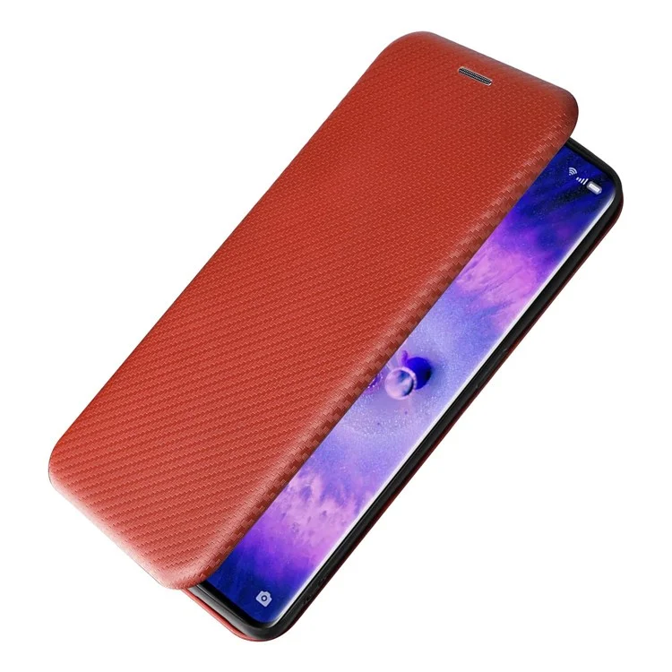 Carbon Fiber Texture Phone Case for Oppo Find X5 PU Leather Magnetic Closure Stand Protective Cover with Card Holder - Orange
