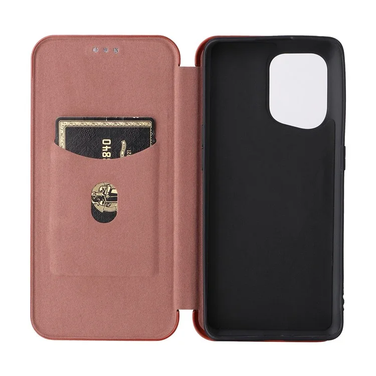 Carbon Fiber Texture Phone Case for Oppo Find X5 PU Leather Magnetic Closure Stand Protective Cover with Card Holder - Orange