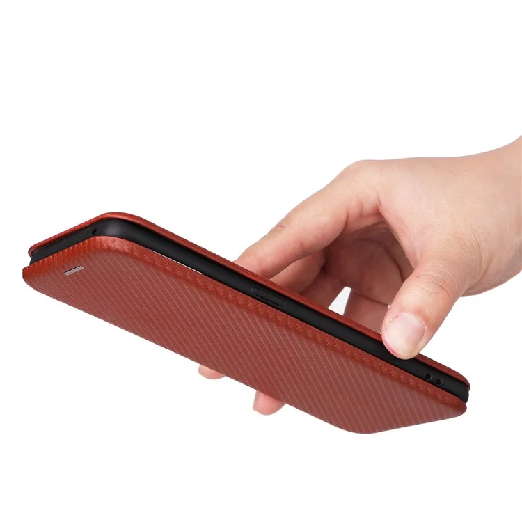 Carbon Fiber Texture Phone Case for Oppo Find X5 PU Leather Magnetic Closure Stand Protective Cover with Card Holder - Orange