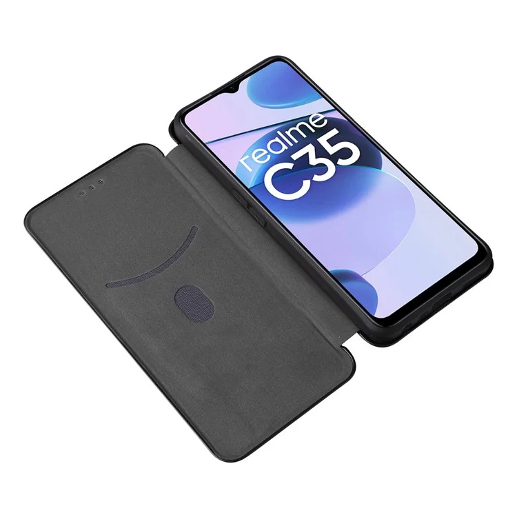 Para o Realme C35 Carbon Fiber Texture PU Leather Stand Case Magnetic Auto-absorbed Flip Phone Cover - Preto