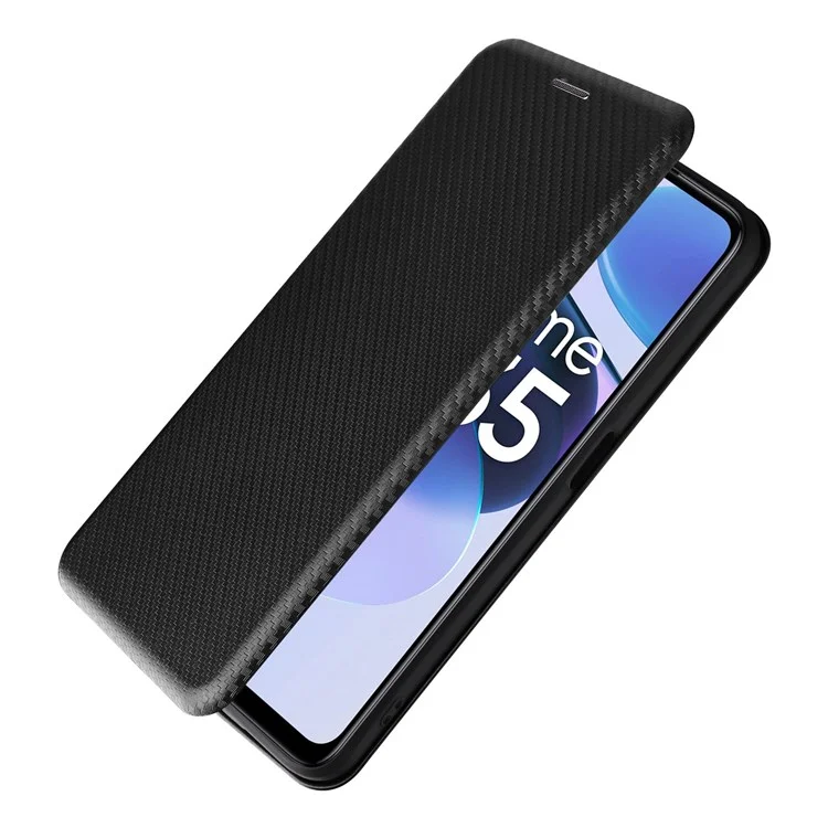 Para o Realme C35 Carbon Fiber Texture PU Leather Stand Case Magnetic Auto-absorbed Flip Phone Cover - Preto