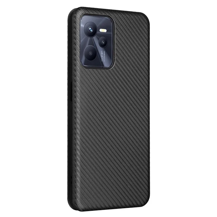 Para o Realme C35 Carbon Fiber Texture PU Leather Stand Case Magnetic Auto-absorbed Flip Phone Cover - Preto