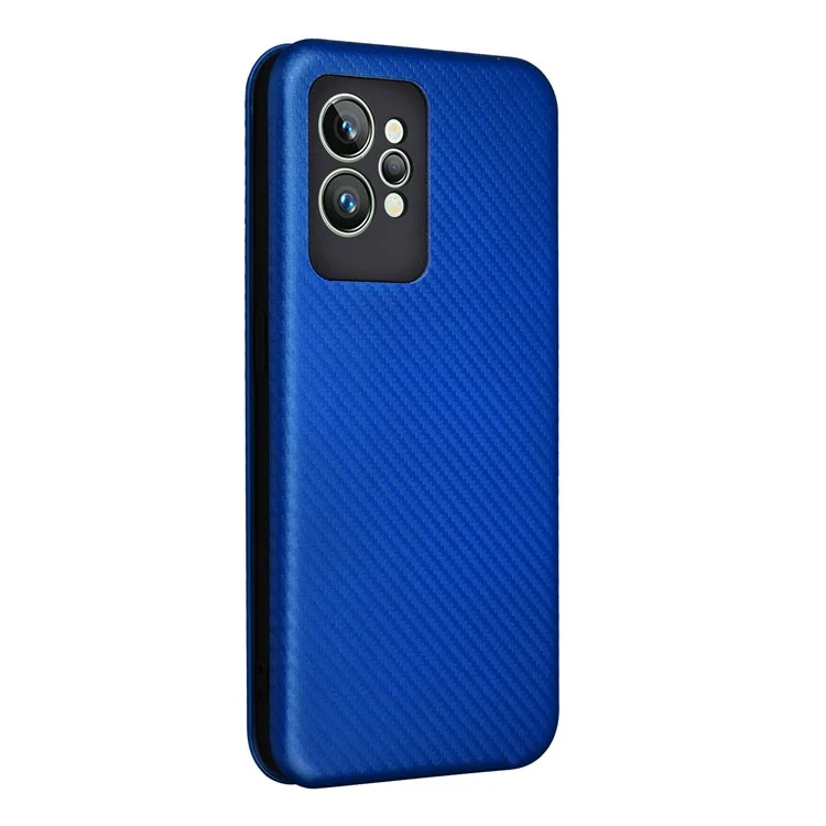 For Realme GT2 Pro 5G Carbon Fiber Texture Magnetic Auto Closure Leather Case Stand Cover - Blue