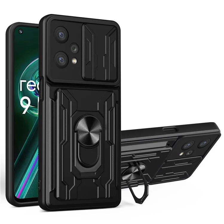 Per Realme 9 Pro/V25 Ring Kickstand Card Card Case Telefono Hybrid TPU Soft PC Hard pc Copertina Robusta Con Protezione Del Coperchio Della Fotocamera Scorrevole - Nero