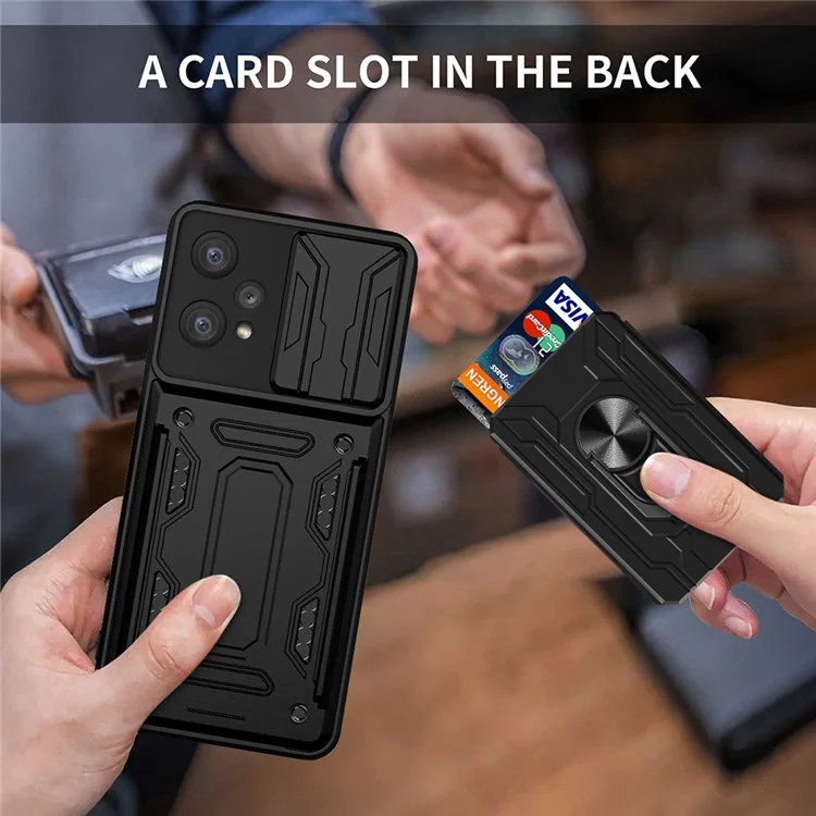 Per Realme 9 Pro/V25 Ring Kickstand Card Card Case Telefono Hybrid TPU Soft PC Hard pc Copertina Robusta Con Protezione Del Coperchio Della Fotocamera Scorrevole - Nero