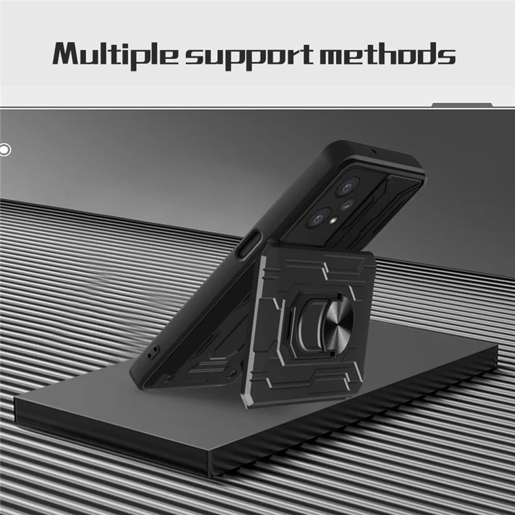 Per Realme 9 Pro/V25 Ring Kickstand Card Card Case Telefono Hybrid TPU Soft PC Hard pc Copertina Robusta Con Protezione Del Coperchio Della Fotocamera Scorrevole - Nero