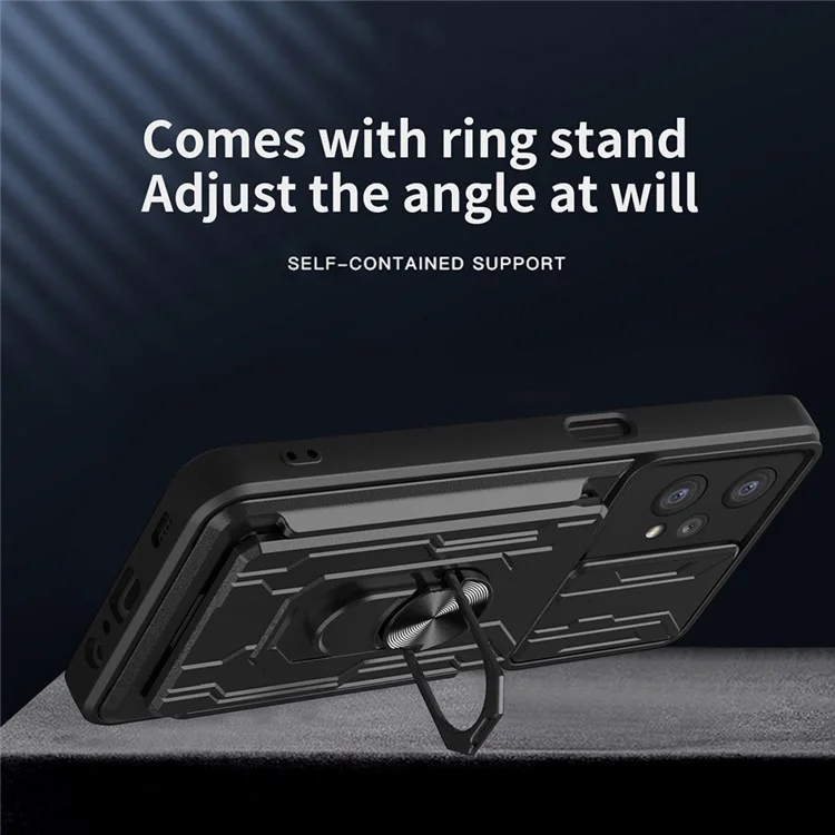 Per Realme 9 Pro/V25 Ring Kickstand Card Card Case Telefono Hybrid TPU Soft PC Hard pc Copertina Robusta Con Protezione Del Coperchio Della Fotocamera Scorrevole - Nero