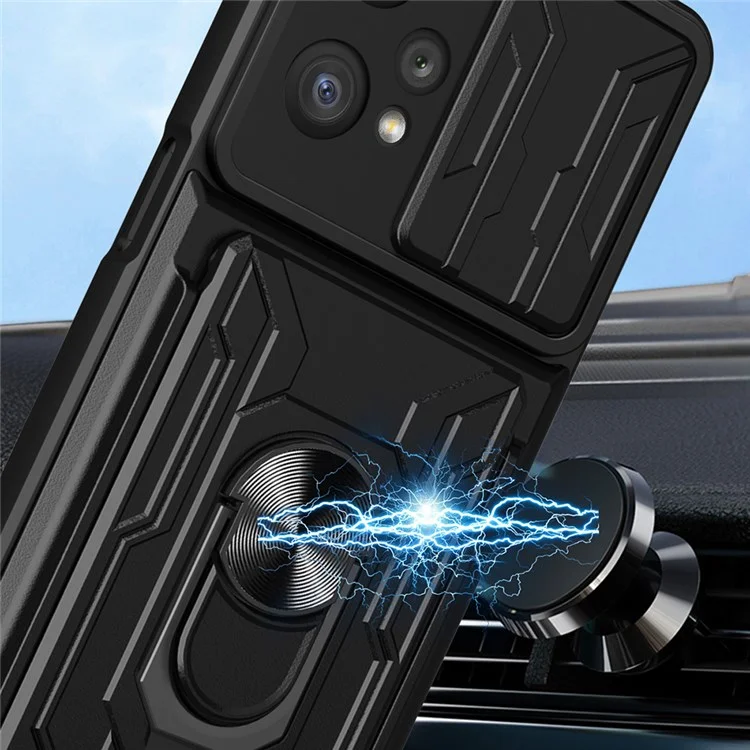 Per Realme 9 Pro/V25 Ring Kickstand Card Card Case Telefono Hybrid TPU Soft PC Hard pc Copertina Robusta Con Protezione Del Coperchio Della Fotocamera Scorrevole - Nero