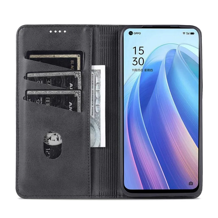 Azns Für Oppo Reno7 5G (global) Strukturierte PU Leder-telefonhülle Magnetische Automatische Abdeckung Mit Standbrieftasche - Schwarz