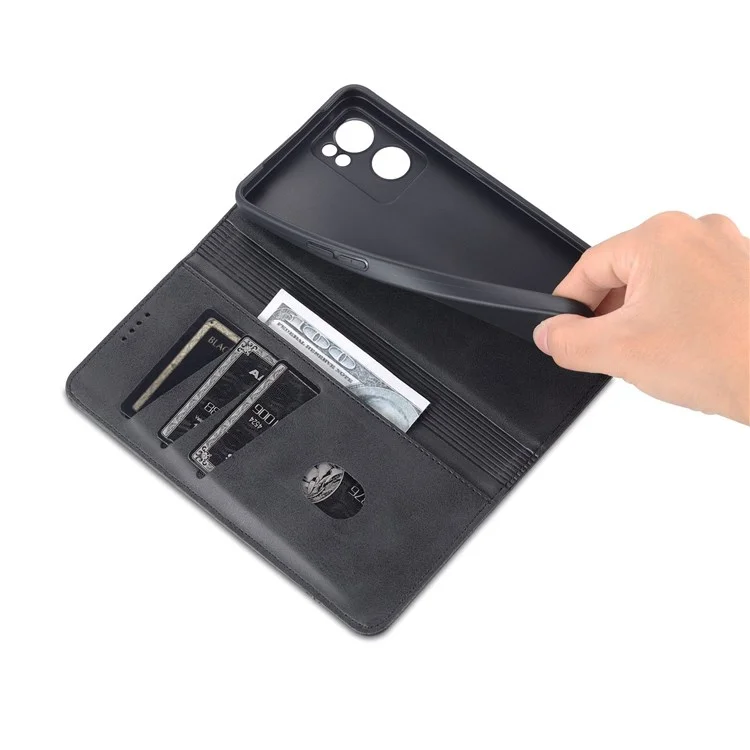 Azns Für Oppo Reno7 5G (global) Strukturierte PU Leder-telefonhülle Magnetische Automatische Abdeckung Mit Standbrieftasche - Schwarz