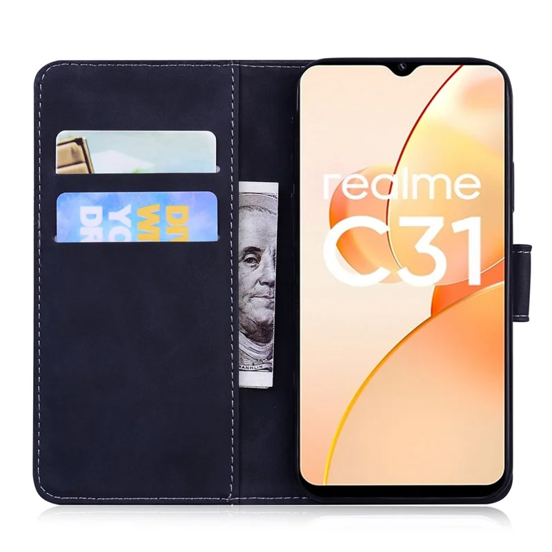For Realme C31 Butterfly Pattern Printing PU Leather Stand Skin-touch Feeling Phone Case Wallet Protective Cover - Black