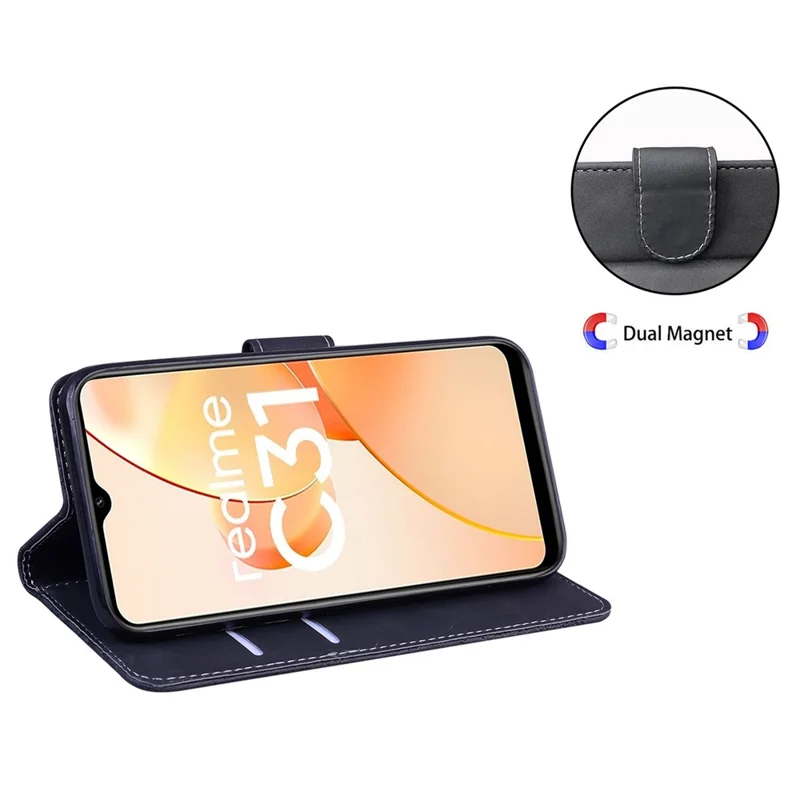 For Realme C31 Butterfly Pattern Printing PU Leather Stand Skin-touch Feeling Phone Case Wallet Protective Cover - Black