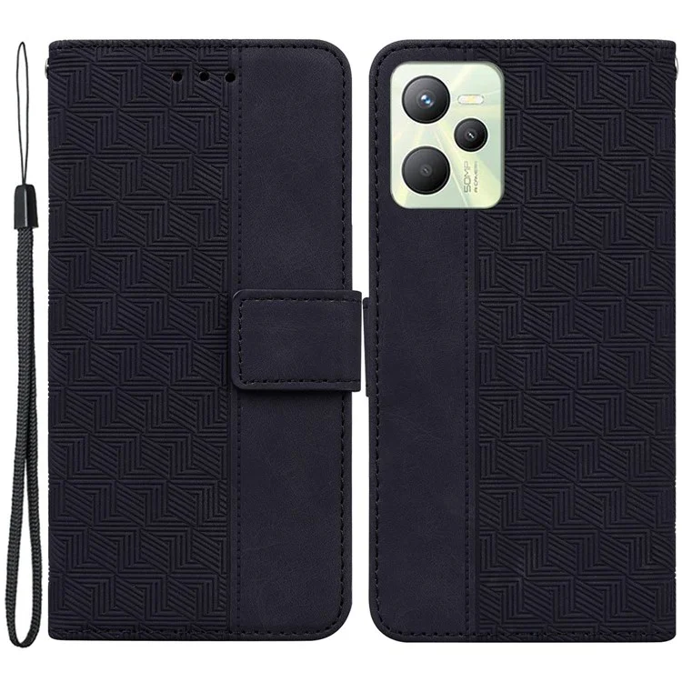 Pour Realme C35 Geometric Pattern Imprinted PU Leather + TPU Wallet Phone Case Stand Shell avec Sangle Poignet - Noir