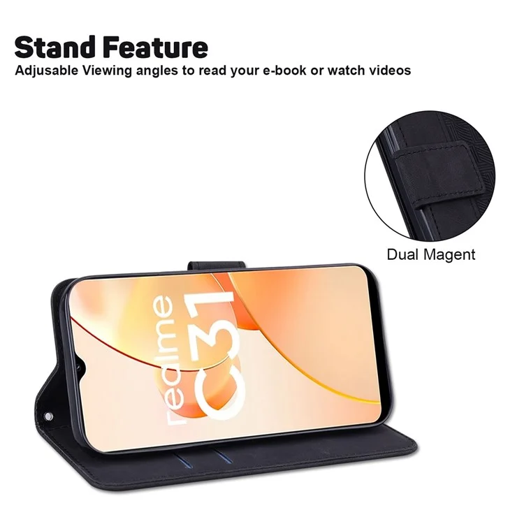 Pour Realme C35 Geometric Pattern Imprinted PU Leather + TPU Wallet Phone Case Stand Shell avec Sangle Poignet - Noir