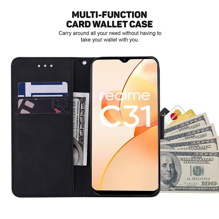 Pour Realme C35 Geometric Pattern Imprinted PU Leather + TPU Wallet Phone Case Stand Shell avec Sangle Poignet - Noir