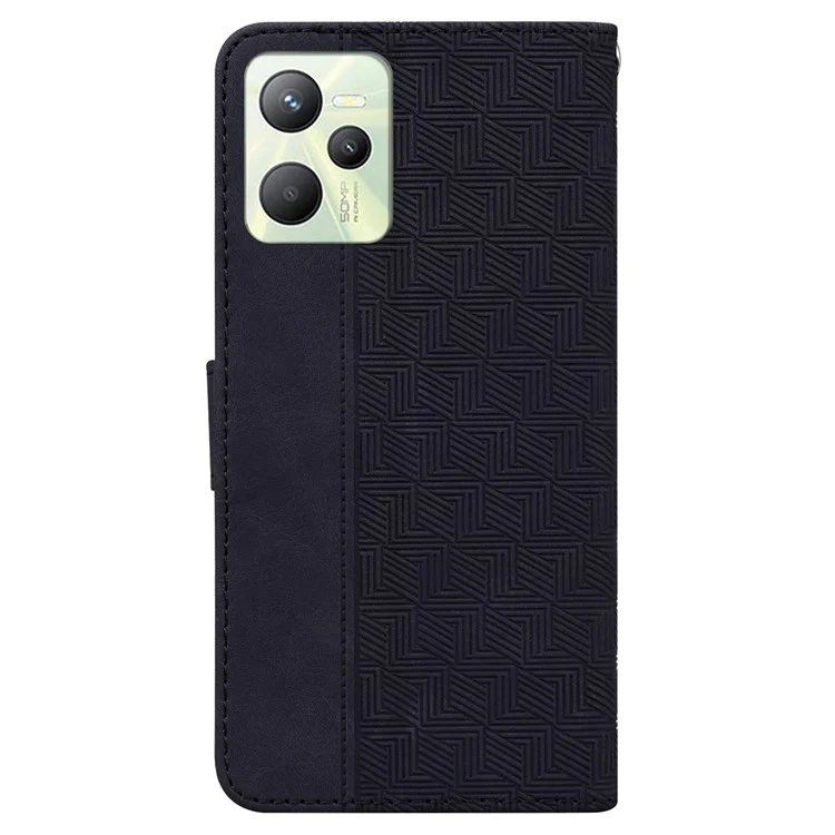 Pour Realme C35 Geometric Pattern Imprinted PU Leather + TPU Wallet Phone Case Stand Shell avec Sangle Poignet - Noir