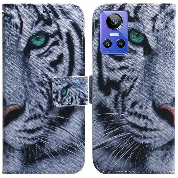 Для Realme GT Neo3 Pattern Printing Side Cash Pocket Wallet Case Stand Feature Protective PU Leather Flip Cover - Tiger Head