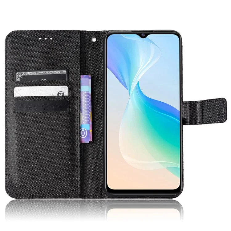 All-Inclusive Protection Phone Case Для Vivo Y76 5G Anti-Fall PU Кожаный Магнитный Кошелек Стенд Оболочки Folio Flip Cover С Алмазной Текстурой - Чернить
