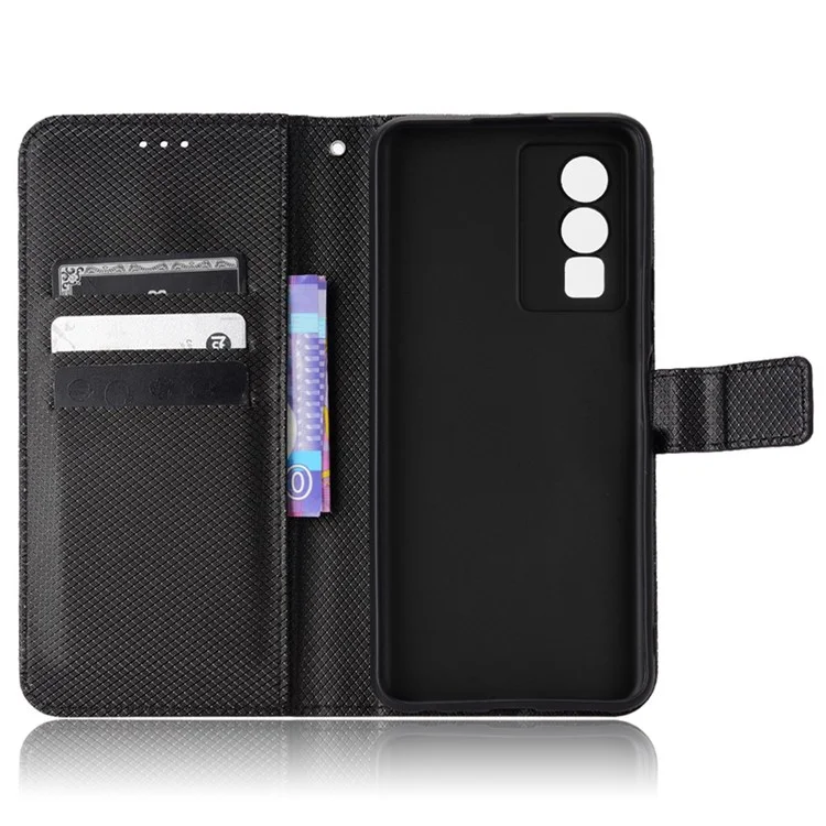 All-Inclusive Protection Phone Case Для Vivo Y76 5G Anti-Fall PU Кожаный Магнитный Кошелек Стенд Оболочки Folio Flip Cover С Алмазной Текстурой - Чернить