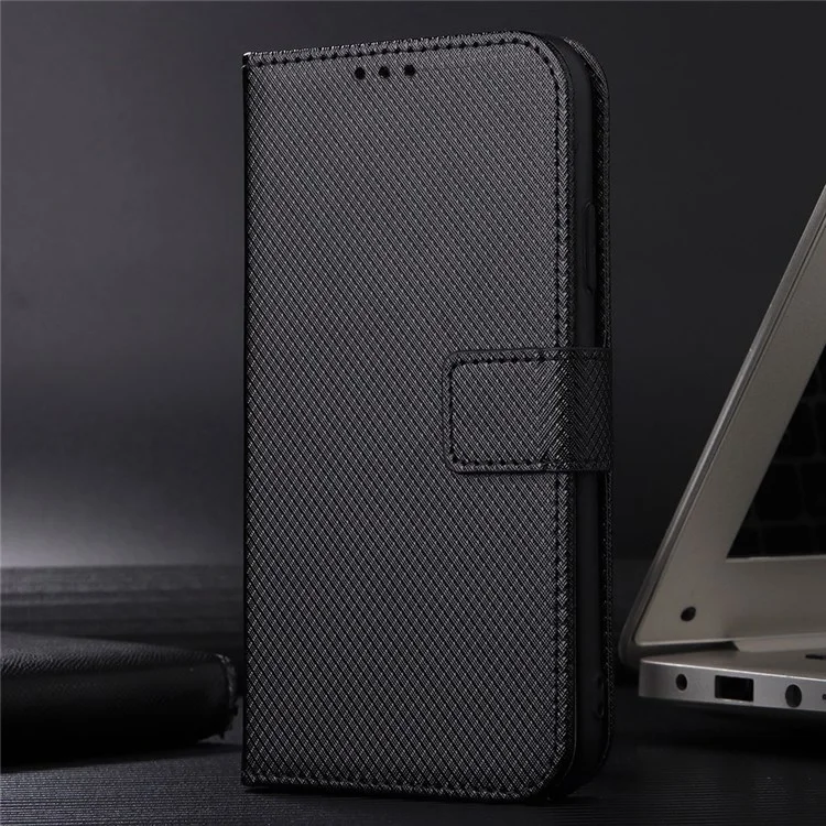 All-Inclusive Protection Phone Case Для Vivo Y76 5G Anti-Fall PU Кожаный Магнитный Кошелек Стенд Оболочки Folio Flip Cover С Алмазной Текстурой - Чернить