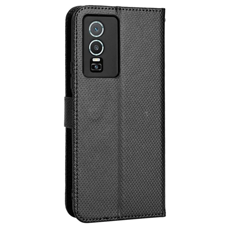 All-Inclusive Protection Phone Case Для Vivo Y76 5G Anti-Fall PU Кожаный Магнитный Кошелек Стенд Оболочки Folio Flip Cover С Алмазной Текстурой - Чернить