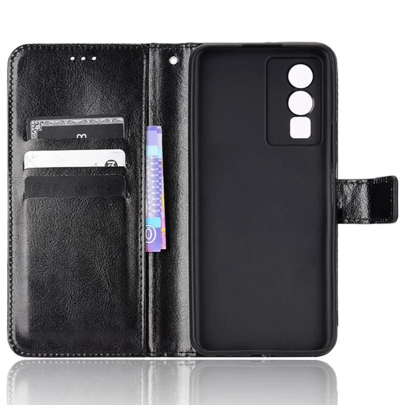 PU Leather Wallet Phone Case for vivo Y76 5G Magnetic Closure Folio Flip Cover Crazy Horse Texture Stand Shell with Strap - Black