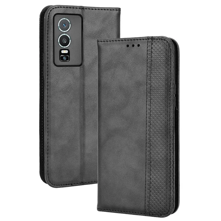 Für Vivo Y76 5g Mosaik Eingeprägte Retro Leder Magnetic Auto Closing Flip Case Stand Wallet Telefonabdeckung - Schwarz