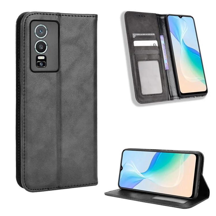 Für Vivo Y76 5g Mosaik Eingeprägte Retro Leder Magnetic Auto Closing Flip Case Stand Wallet Telefonabdeckung - Schwarz