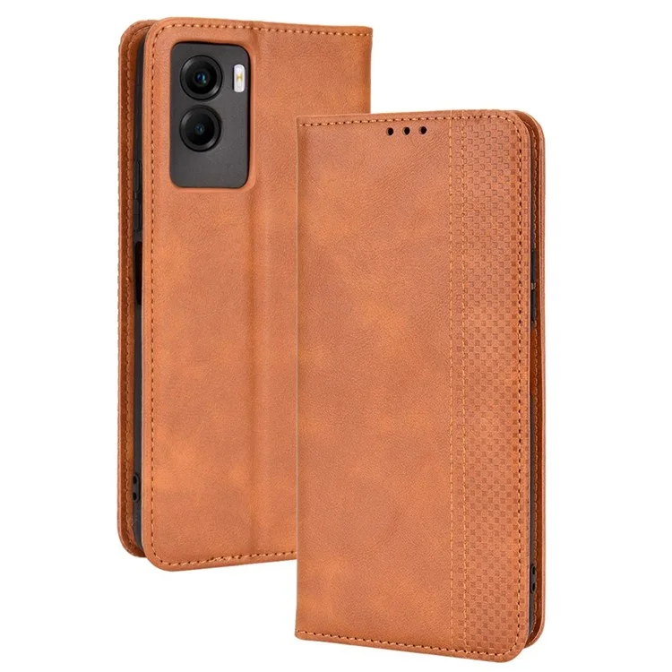 Para Vivo Y55s 5G Mosaic Impresión de Cuero Retro + TPU Magnetic Autom Telephone Case Con Billetera de Soporte - Marrón
