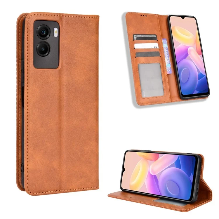 Para Vivo Y55s 5G Mosaic Impresión de Cuero Retro + TPU Magnetic Autom Telephone Case Con Billetera de Soporte - Marrón