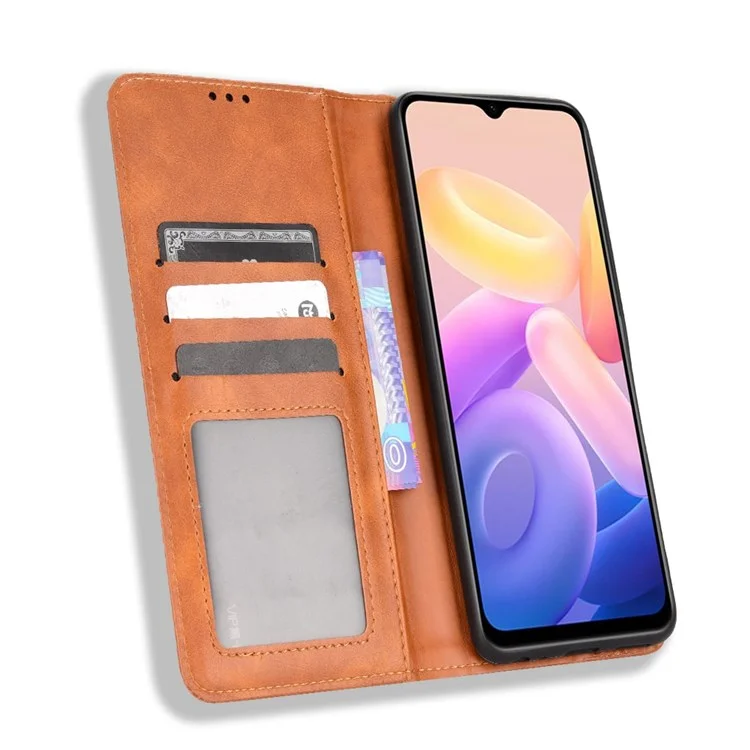 Para Vivo Y55s 5G Mosaic Impresión de Cuero Retro + TPU Magnetic Autom Telephone Case Con Billetera de Soporte - Marrón