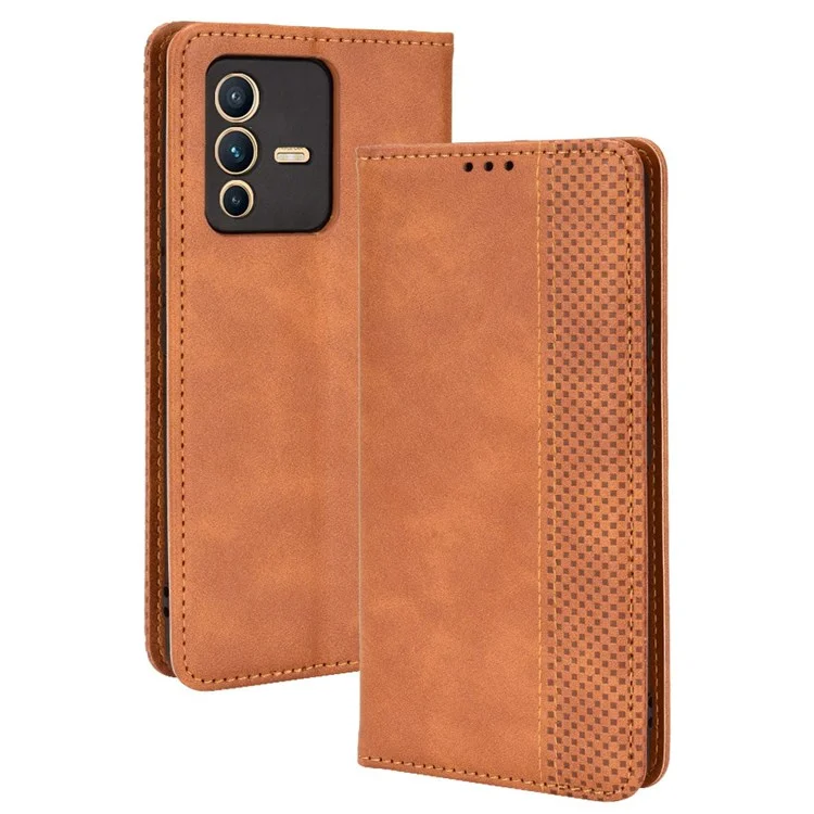 Für Vivo S12/V23 5G Retro Leder Magnetic Auto-absorbiertes Telefongehäuse Mosaic Eingeprägter Ständer Brieftasche Shell - Braun