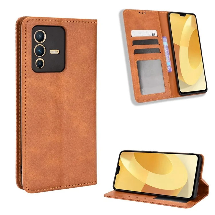 Für Vivo S12/V23 5G Retro Leder Magnetic Auto-absorbiertes Telefongehäuse Mosaic Eingeprägter Ständer Brieftasche Shell - Braun