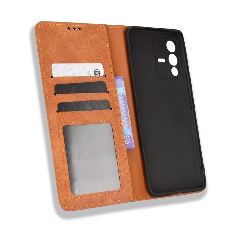 Für Vivo S12/V23 5G Retro Leder Magnetic Auto-absorbiertes Telefongehäuse Mosaic Eingeprägter Ständer Brieftasche Shell - Braun