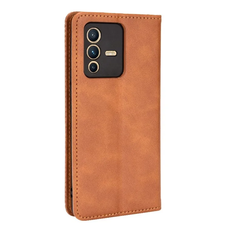 Für Vivo S12/V23 5G Retro Leder Magnetic Auto-absorbiertes Telefongehäuse Mosaic Eingeprägter Ständer Brieftasche Shell - Braun