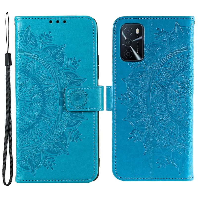 For Oppo A16/A16s/A54s Mandala Flower Imprinted PU Leather Phone Cover Shockproof Wallet Stand Case with Strap - Blue