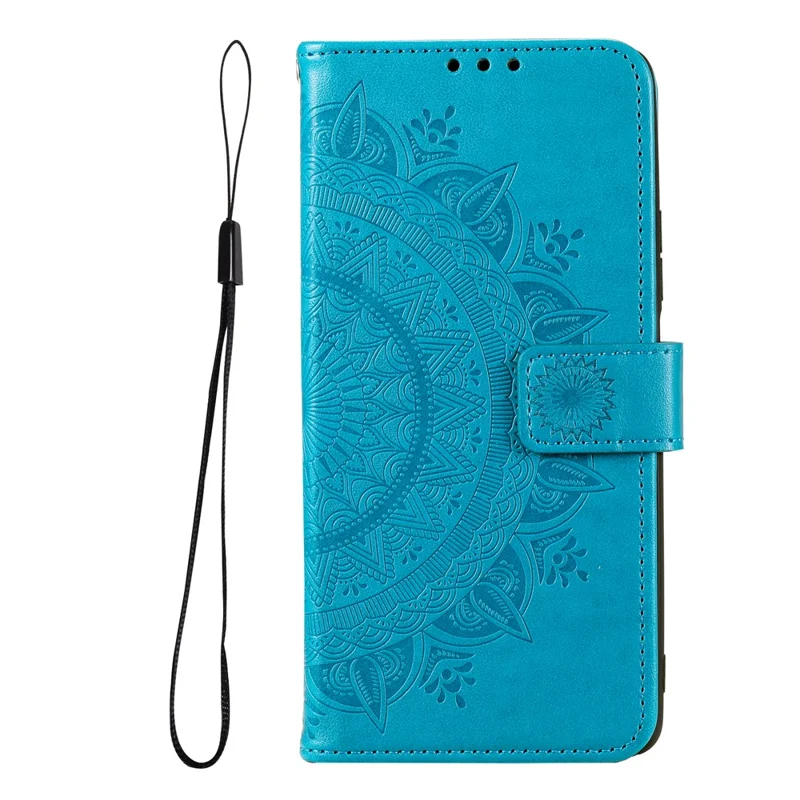 For Oppo A16/A16s/A54s Mandala Flower Imprinted PU Leather Phone Cover Shockproof Wallet Stand Case with Strap - Blue