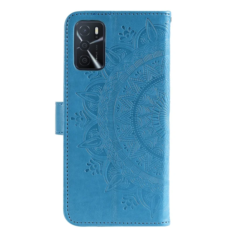 For Oppo A16/A16s/A54s Mandala Flower Imprinted PU Leather Phone Cover Shockproof Wallet Stand Case with Strap - Blue
