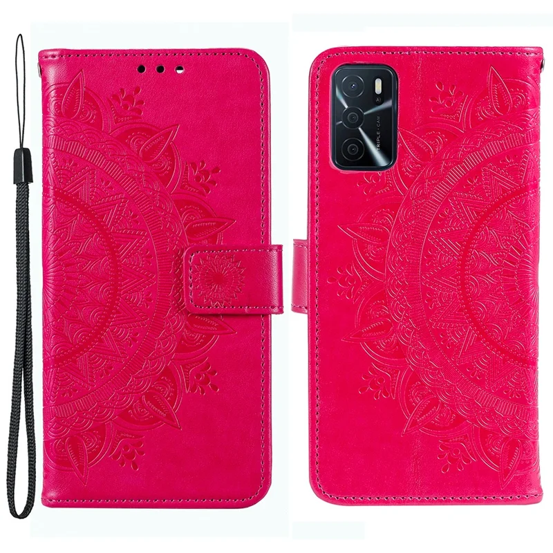 For Oppo A16/A16s/A54s Mandala Flower Imprinted PU Leather Phone Cover Shockproof Wallet Stand Case with Strap - Rose