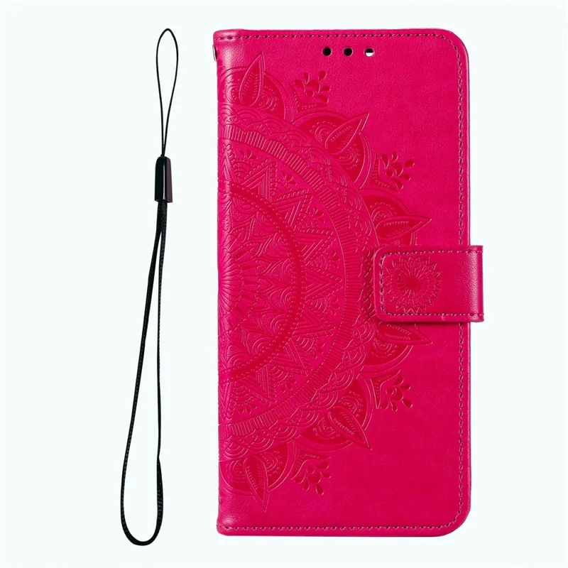 For Oppo A16/A16s/A54s Mandala Flower Imprinted PU Leather Phone Cover Shockproof Wallet Stand Case with Strap - Rose
