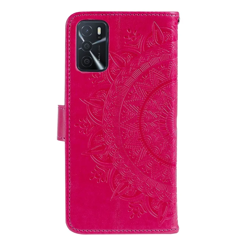 For Oppo A16/A16s/A54s Mandala Flower Imprinted PU Leather Phone Cover Shockproof Wallet Stand Case with Strap - Rose