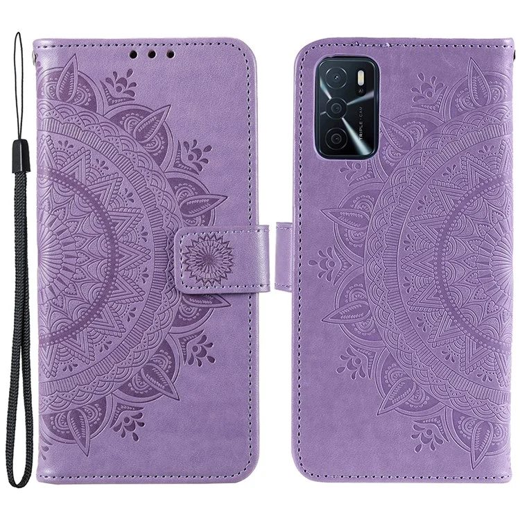 Para Oppo A16/A16s/A54s Mandala Flower Imprinted PU Leather Phone Cover Shockproof Wallet Stand Case with Strap - Purple