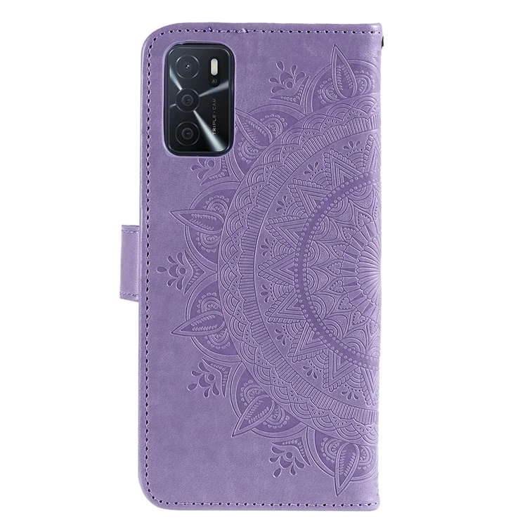Para Oppo A16/A16s/A54s Mandala Flower Imprinted PU Leather Phone Cover Shockproof Wallet Stand Case with Strap - Purple