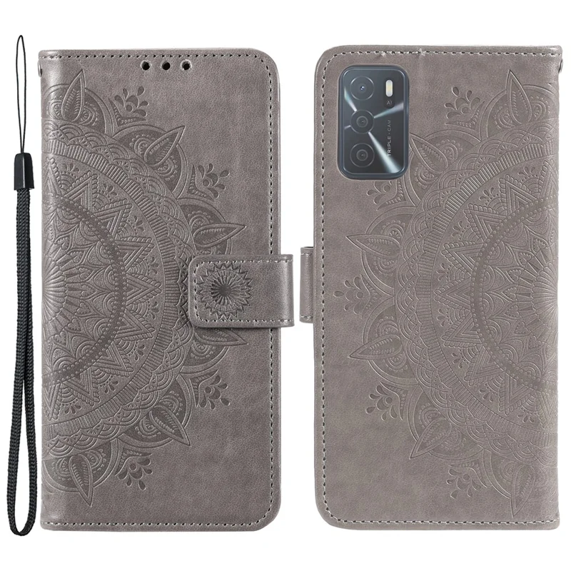 For Oppo A16/A16s/A54s Mandala Flower Imprinted PU Leather Phone Cover Shockproof Wallet Stand Case with Strap - Grey