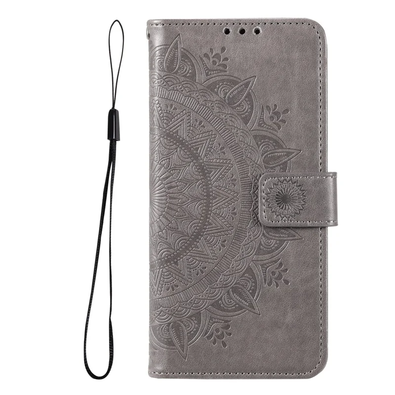 For Oppo A16/A16s/A54s Mandala Flower Imprinted PU Leather Phone Cover Shockproof Wallet Stand Case with Strap - Grey
