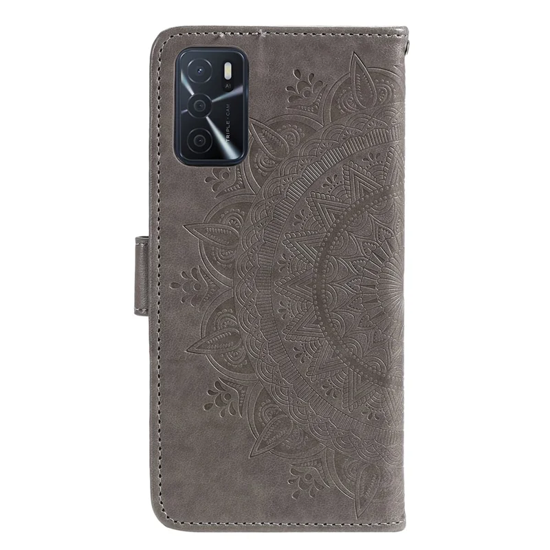 For Oppo A16/A16s/A54s Mandala Flower Imprinted PU Leather Phone Cover Shockproof Wallet Stand Case with Strap - Grey