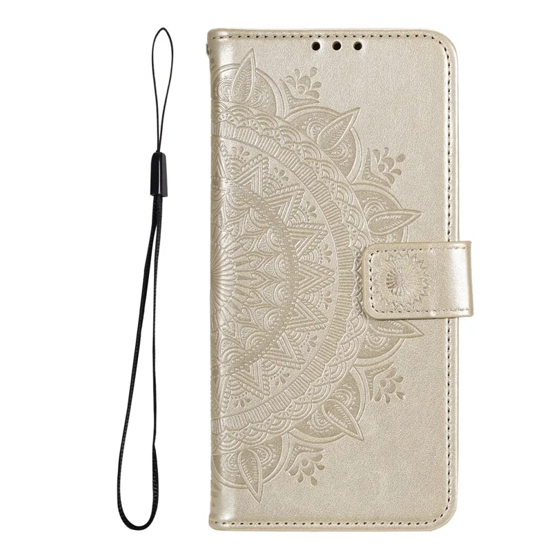 For Oppo A16/A16s/A54s Mandala Flower Imprinted PU Leather Phone Cover Shockproof Wallet Stand Case with Strap - Gold