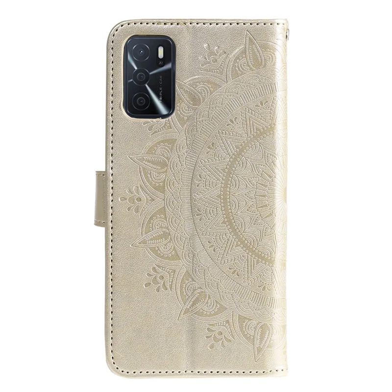 For Oppo A16/A16s/A54s Mandala Flower Imprinted PU Leather Phone Cover Shockproof Wallet Stand Case with Strap - Gold