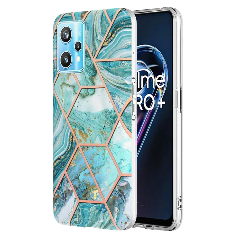 For Realme 9 Pro+ Case Splicing IMD Marble Pattern Electroplated TPU Back Cover - Blue