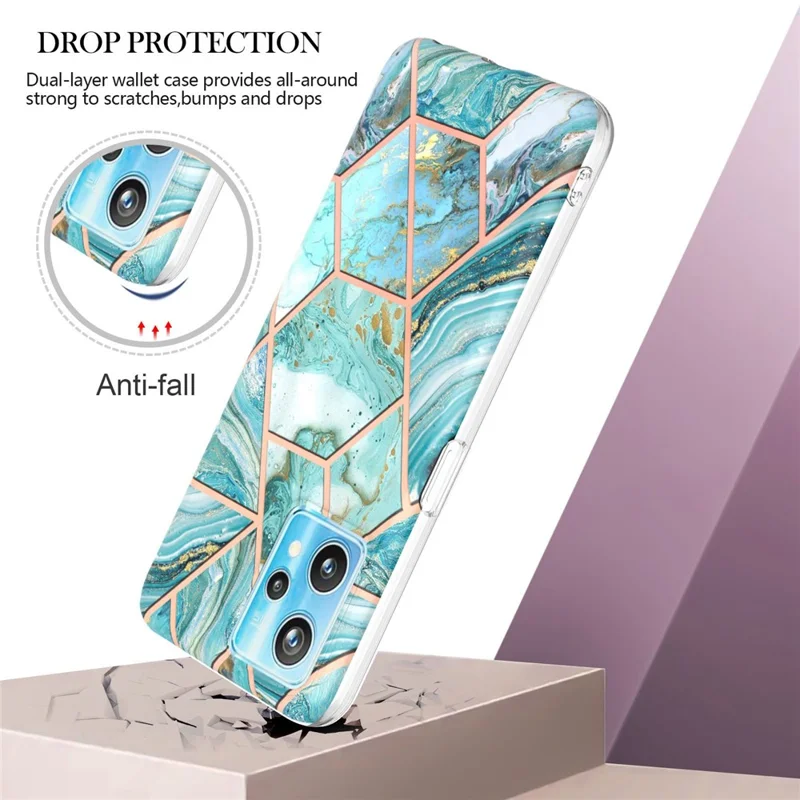 For Realme 9 Pro+ Case Splicing IMD Marble Pattern Electroplated TPU Back Cover - Blue